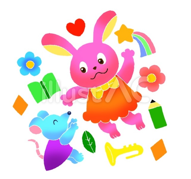 うさぎとネズミ うさぎ,ねずみ,はっぱのイラスト素材