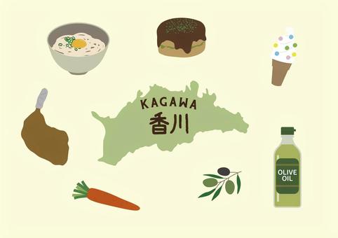 香川イラストセット 香川,うどん,オリーブ,オリーブオイル,おいり,ソフトクリーム,骨付鳥,たこ判,金時人参,地図のイラスト素材