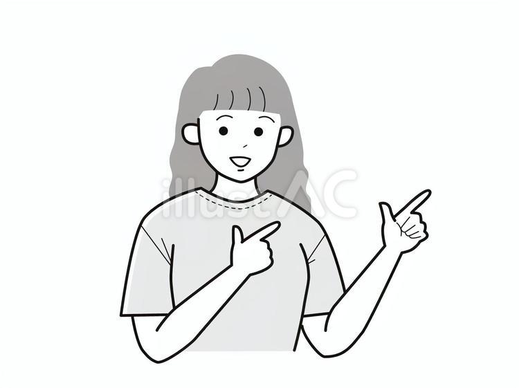 両手で指差しアピールの若い女性／白黒 女性,上半身,半袖のイラスト素材