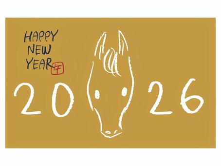 2026年午年の手描き馬金色背景の年賀状 馬,顔,年賀状,2026,午年,干支,シンプル,おしゃれ,かわいい,ハンコのイラスト素材