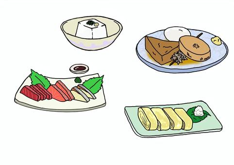 酒のおつまみ おつまみ,冷ややっこ,おでん,刺身,出汁巻き,卵,からし,山葵,おろし,大葉のイラスト素材