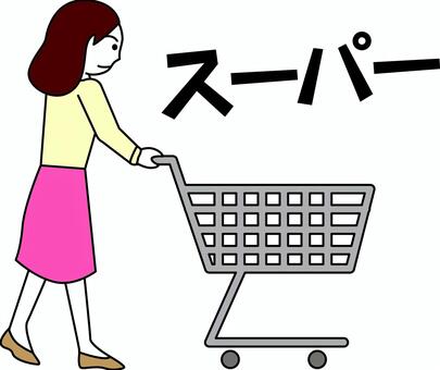 スーパー買い物　 スーパー,買い物,ショッピングセンター,カゴ,カート,女性,デフォルメ,線画のイラスト素材