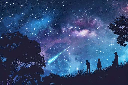 夜空に輝く流星群を眺める人達 水彩風