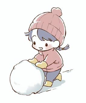 雪で遊ぶ女の子 人物,女の子,冬,雪,大きな雪玉,手袋,長靴,全身,笑顔,黒髪のイラスト素材