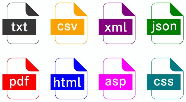 テキスト関連のファイルアイコン カラー txt,csv,xml,json,pdf,html,asp,css,ファイル,アイコンのイラスト素材