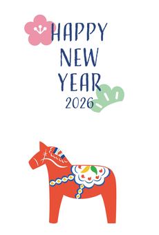 2026年の年賀状-北欧風の馬の置物3縦 ダーラナホース,スウェーデン,北欧,民芸品,木彫り,木馬,おしゃれ,カラフル,模様,手描きのイラスト素材