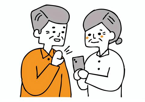 ビデオ通話をする老夫婦 老人,夫婦,シニア,電話,ビデオ通話,話す,会話,祖父,祖母,家族のイラスト素材