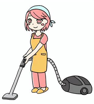 桃色の女の子　エプロンして掃除機 ピンク,かわいい,手描き,ピンク髪,女の子,掃除,掃除機,家事,エプロン,主婦のイラスト素材
