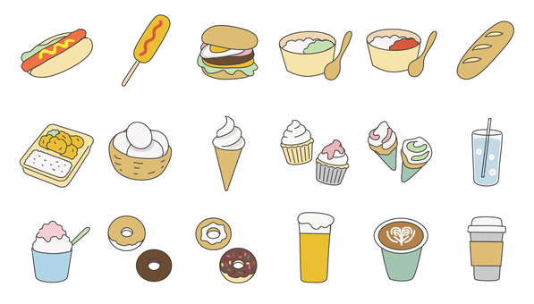 手描き風　食べ物アイコンセット 食べ物,フード,イラスト,アイコン,手描き,カフェ,ホットドッグ,アメリカンドッグ,ハンバーガー,お弁当のイラスト素材