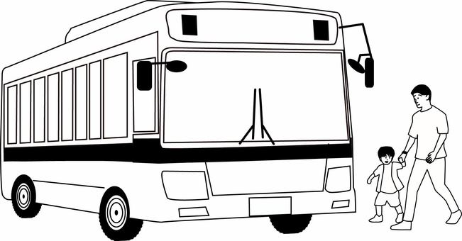 路線バス親子　 路線バス,親子,乗客,父,男の子,公共交通,車体,停車,線,白黒のイラスト素材