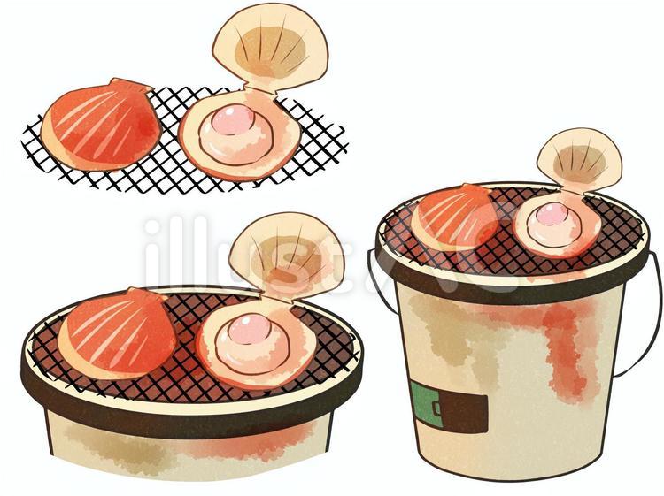 七輪　ホタテ焼き　水彩風 七輪,食べ物,焼くのイラスト素材
