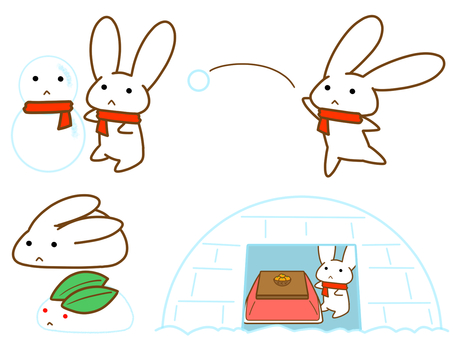 ゆるいうさぎの雪の日セット うさぎ,兎,動物,キャラクター,セット,冬,雪,雪だるま,雪うさぎ,雪合戦のイラスト素材