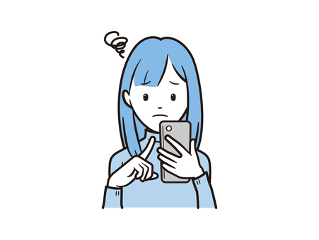 スマホ操作に困惑するニットセーターの女性 スマホ,スマートフォン,女性,携帯電話,モバイル,アプリ,sns,困る,困惑,悩むのイラスト素材