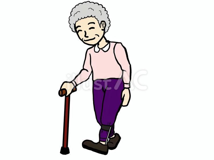 短下肢装具を付けて杖歩行するおばあさん 短下肢装具,杖,歩行のイラスト素材