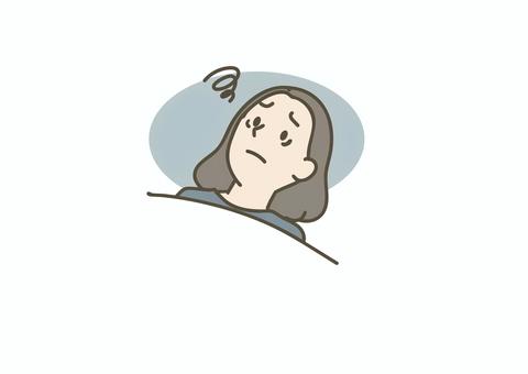 不眠やめまいでぼんやりする女性 不眠,めまい,更年期,睡眠不足,だるい,女性,ミドル,体調不良,つらい,婦人科のイラスト素材