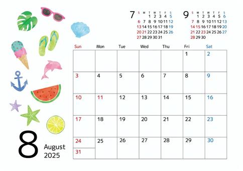 2025年カレンダー 夏モチーフ 2025年カレンダー 夏モチーフ カレンダー,8月,2025,スケジュール,月間,前月,次月,余白,シンプル,テーマのイラスト素材