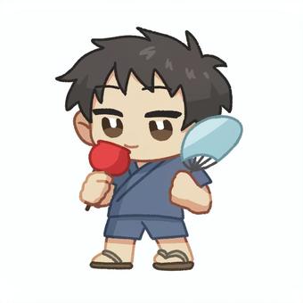 夏祭りを楽しむ男の子 夏祭り,男の子,りんご飴,うちわ,デフォルメ,甚平のイラスト素材
