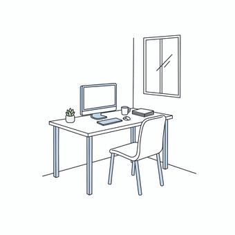 シンプルな自宅の仕事用デスク シンプルな自宅の仕事用デスク 在宅,勤務,デスク,パソコン,仕事,オフィス,テレワーク,机,椅子,窓のイラスト素材