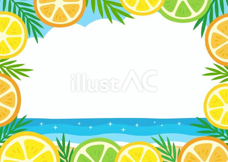 夏背景｜海とオレンジとヤシの葉のフレーム 夏,海,背景のイラスト素材