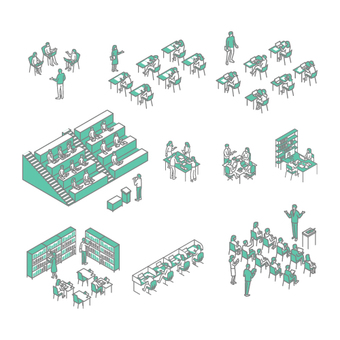 大学生活のイラスト 大学,大学生,講義,図書館,学生のイラスト素材