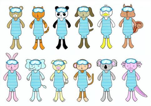 ぬいぐるみ動物水着 ぬいぐるみ,動物,夏,水着,くま,ねこ,パンダ,いぬ,アヒル,リスのイラスト素材