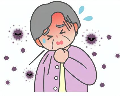 浮遊するウイルスと咳き込む発熱の高齢女性 高齢女性,おばあさん,苦しい,咳き込む,手,当てる,発熱,高熱,ほてり,発汗のイラスト素材