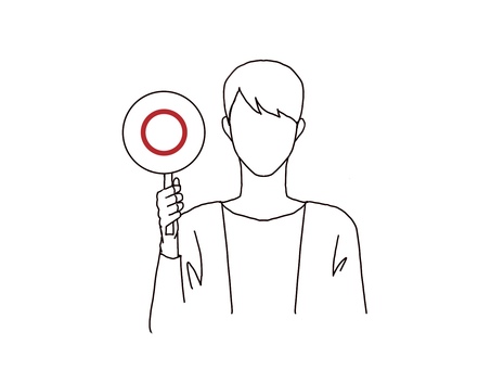 正解　丸　有り　男性 正解,札,赤丸,丸印,有り,男性,正面,バストアップ,顔なし,線画のイラスト素材