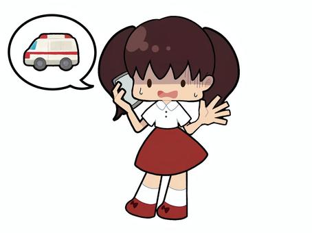 シンプルなツインテールの女の子 救急車 女の子,かわいい,スカート,靴,リボン,ツインテール,電話,スマートフォン,汗,緊急のイラスト素材