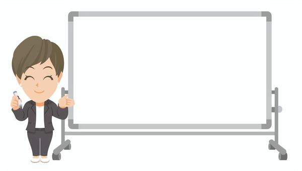 白板傍でペンと手で促す若いビジネス女性② 先生,教師,教員,指導員,スーツ,仕事着,ビジネス,会社,社会人,促すのイラスト素材