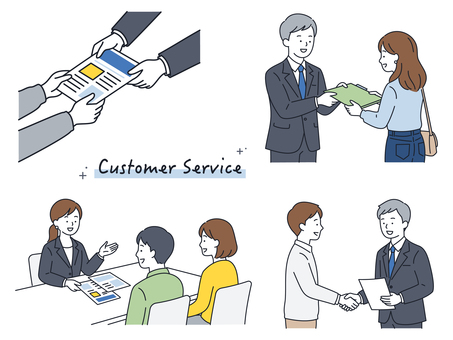 接客対応するビジネス男女の説明セット 人物,男性,女性,ビジネス,接客,説明,案内,商談,受け渡し,顧客のイラスト素材