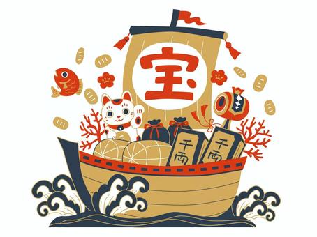 かわいい宝船 3色 かわいい宝船 3色 宝船,招き猫,鯛,打ち出の小槌,千両箱,招福,米俵,俵,珊瑚,小判のイラスト素材