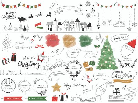 可愛いクリスマスイラストセット02 クリスマス,冬,フレーム,手描き,クリスマスツリー,サンタクロース,プレゼント,オーナメント,雪の結晶,背景のイラスト素材