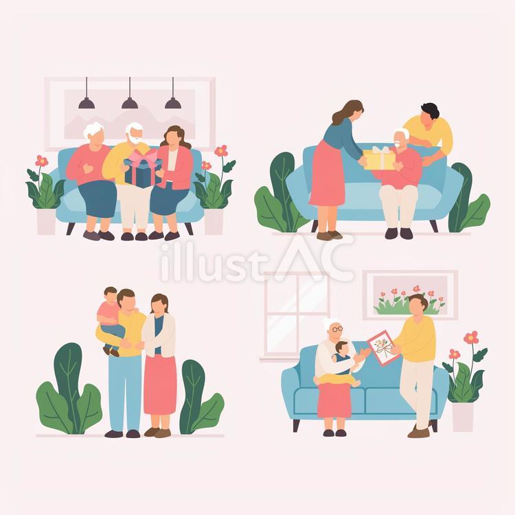 両親の日セット（高齢両親にプレゼントを渡す女性など） 両親の日,親子,家族のイラスト素材