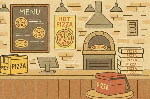 Hand-drawn interior of a delivery pizza shop (AI generated), JPG Hand-drawn interior of a delivery pizza shop (AI generated), hand-drawn wind, video material, video background, JPG