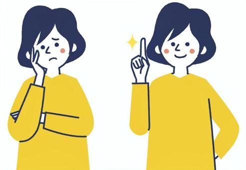 悩んだ顔と解決の顔　主婦 悩む,提案,主婦,笑顔,かわいい,女性,シンプル,カラフル,上半身,20代のイラスト素材