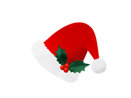サンタ帽03 サンタ帽,クリスマス,ヒイラギ,実,サンタクロース,赤,白,かわいい,水彩,イラストのイラスト素材