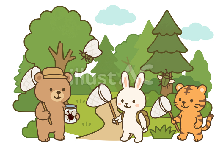 かわいいデフォルメ動物たちの昆虫採集 昆虫採集,クマ,ウサギのイラスト素材
