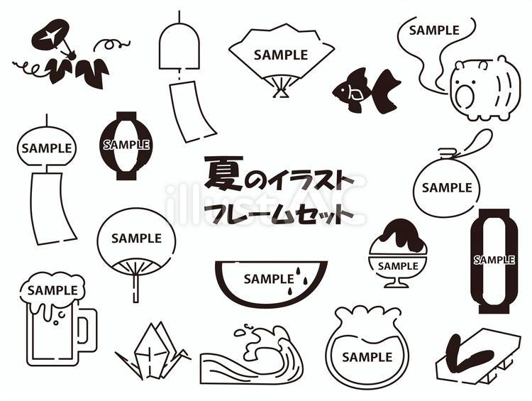 夏の線画イラストタイトルフレームセット フレーム,金魚鉢,下駄のイラスト素材