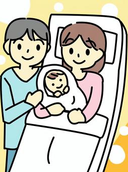 出産背景あり 出産,人物,赤ちゃん,夫婦,シンプル,かわいい,抱く,ベット,生活のイラスト素材