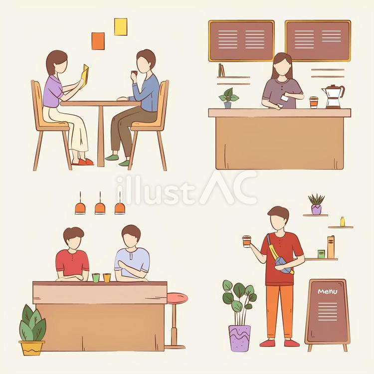 コーヒーショップラベルのセット（テイクアウトする男性など） コーヒーショップ,カフェ,テイクアウトのイラスト素材