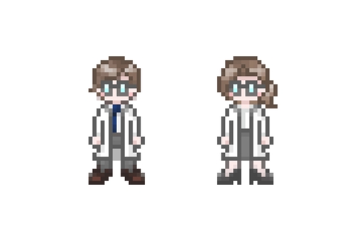 ドット絵の白衣を着た男女 セット ドット絵,ピクセル,かわいい,会社員,社会人,科学者,研究員,研究者,医者,医師のイラスト素材
