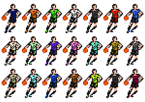 ドット絵のハンドボール選手21色です。 ドット絵,ハンドボール,選手,シンプル,スポーツ,運動,チームプレイ,アスリート,試合,ユニフォームのイラスト素材