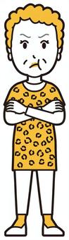  大阪のおばちゃん(黄)-022-全身 拗ねる,おばちゃん,大阪,ヒョウ柄,おばはん,中年,女性,関西,派手,おばさんのイラスト素材