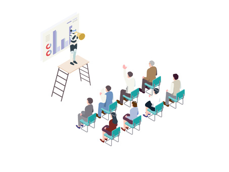 台の上で話すロボットと会社員のアイソメ ロボット,ai,ステージ,台,話す,演説,伝える,教える,指導,誘導のイラスト素材