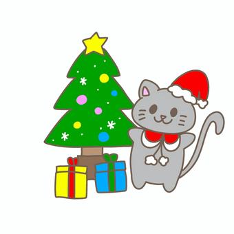 クリスマス 猫とクリスマスツリー クリスマス 猫とクリスマスツリー クリスマス,猫,クリスマスツリー,クリスマスプレゼント,サンタの帽子,星,手書き,かわいい,動物のイラスト素材