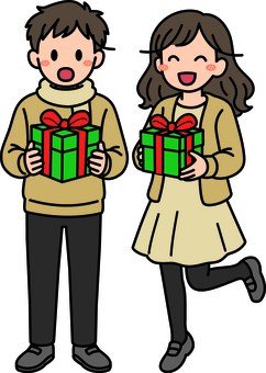 プレゼントをも持つベージュの男子女子です プレゼント,シンプル,貰う,渡す,ギフト,贈り物,シーン,祝う,イベント,パーティーのイラスト素材
