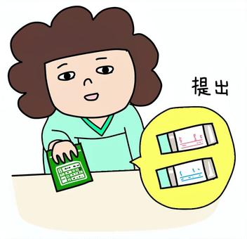 検便容器を提出する女性 検便容器,検便,提出,人間ドック,健康診断,女性,医療センター,健診センター,病院,手描きのイラスト素材