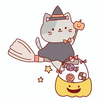 ハロウィンお菓子を運ぶ猫 ハロウィン,猫,かぼちゃ,お菓子,魔女,仮装,ほうき,乗る,飛ぶ,動物のイラスト素材