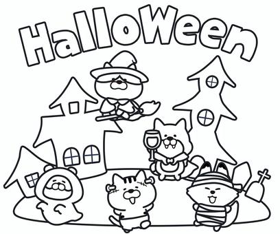 ハロウィンの街のぬりえ_01 キツネ,猫,犬,動物,手描き,白黒,モノクロ,線画,ぬりえ,ハロウィンのイラスト素材