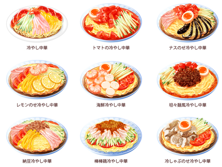 Illustration, chilled chinese noodles, set, summer, 